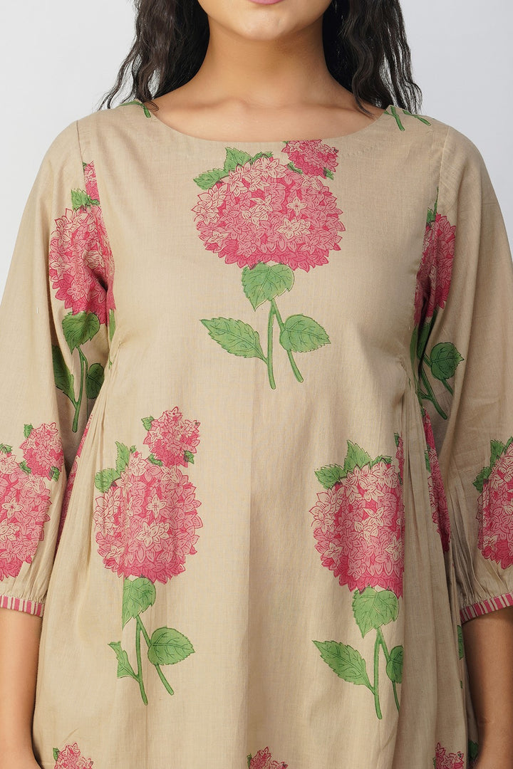 Pink Hydrangea Side Gather Block Printed Tunic With Plain Pants