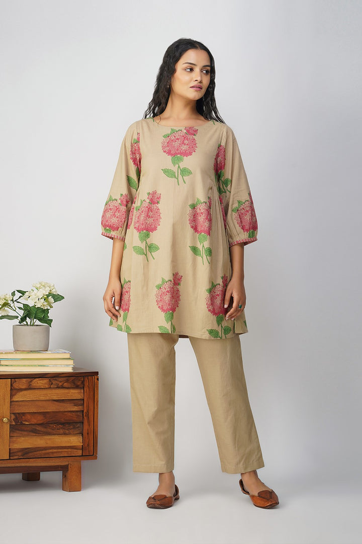 Pink Hydrangea Side Gather Block Printed Tunic With Plain Pants