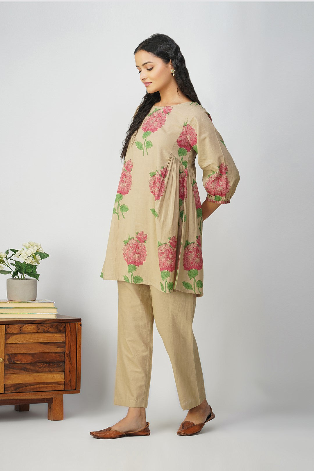 Pink Hydrangea Side Gather Block Printed Tunic