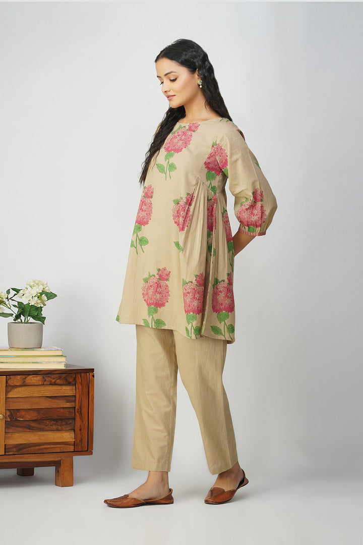 Pink Hydrangea Side Gather Block Printed Tunic With Plain Pants