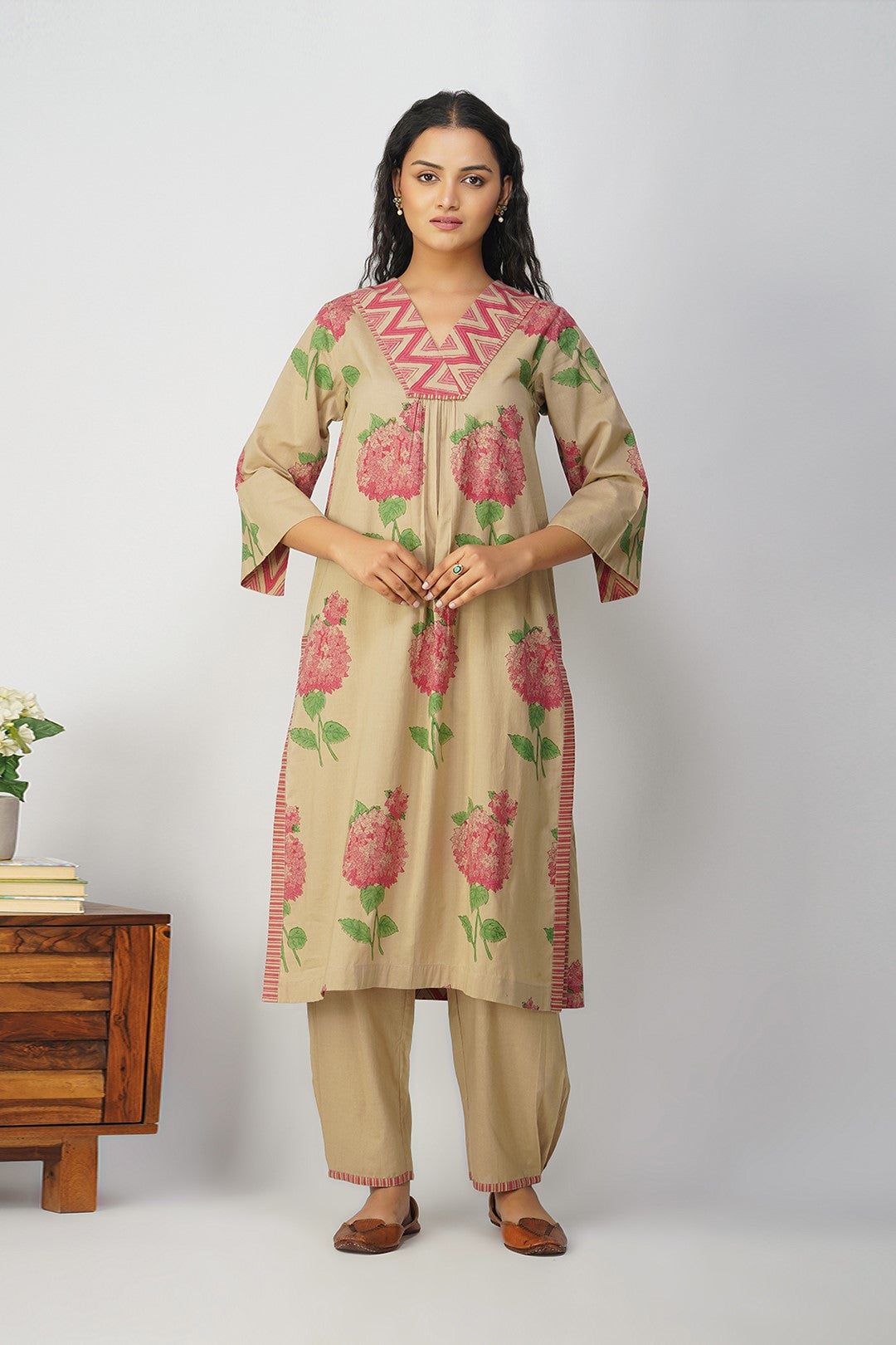 Beige Side Pleat Salwar With Pink Stripe