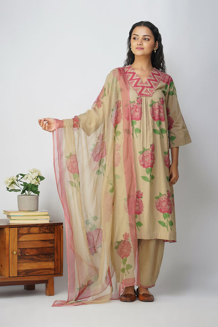 Pink Hydrangea Block Print Dupatta