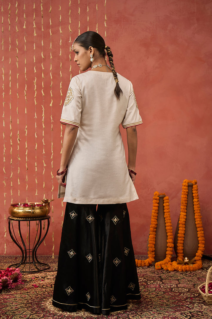 ROLI- IVORY GLASS NECK SILK EMBROIDERED SHORT KURTA  SET