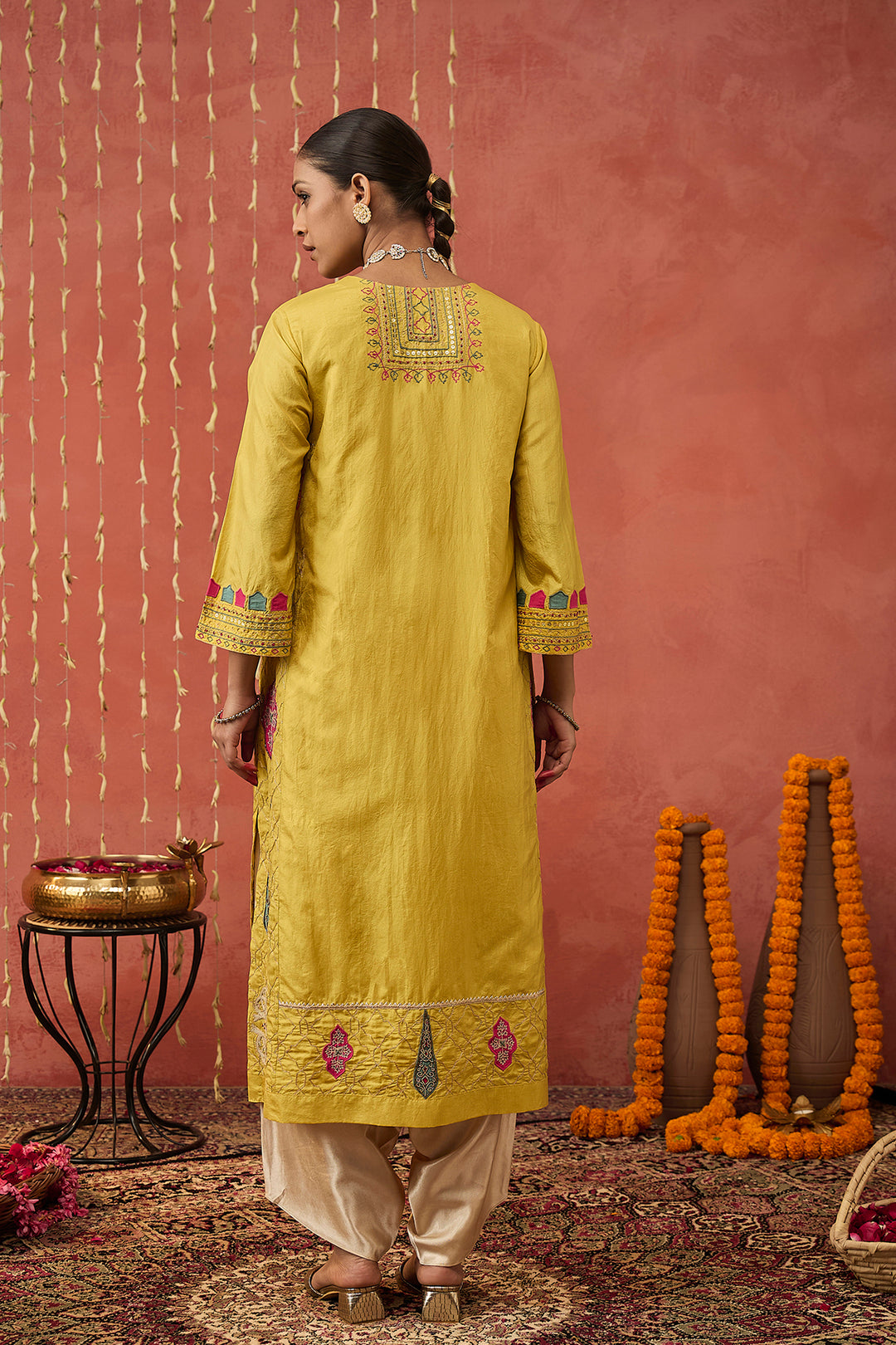 PRAGAYA-YELLOW EMBROIDERED SILK KALI KURTA SET