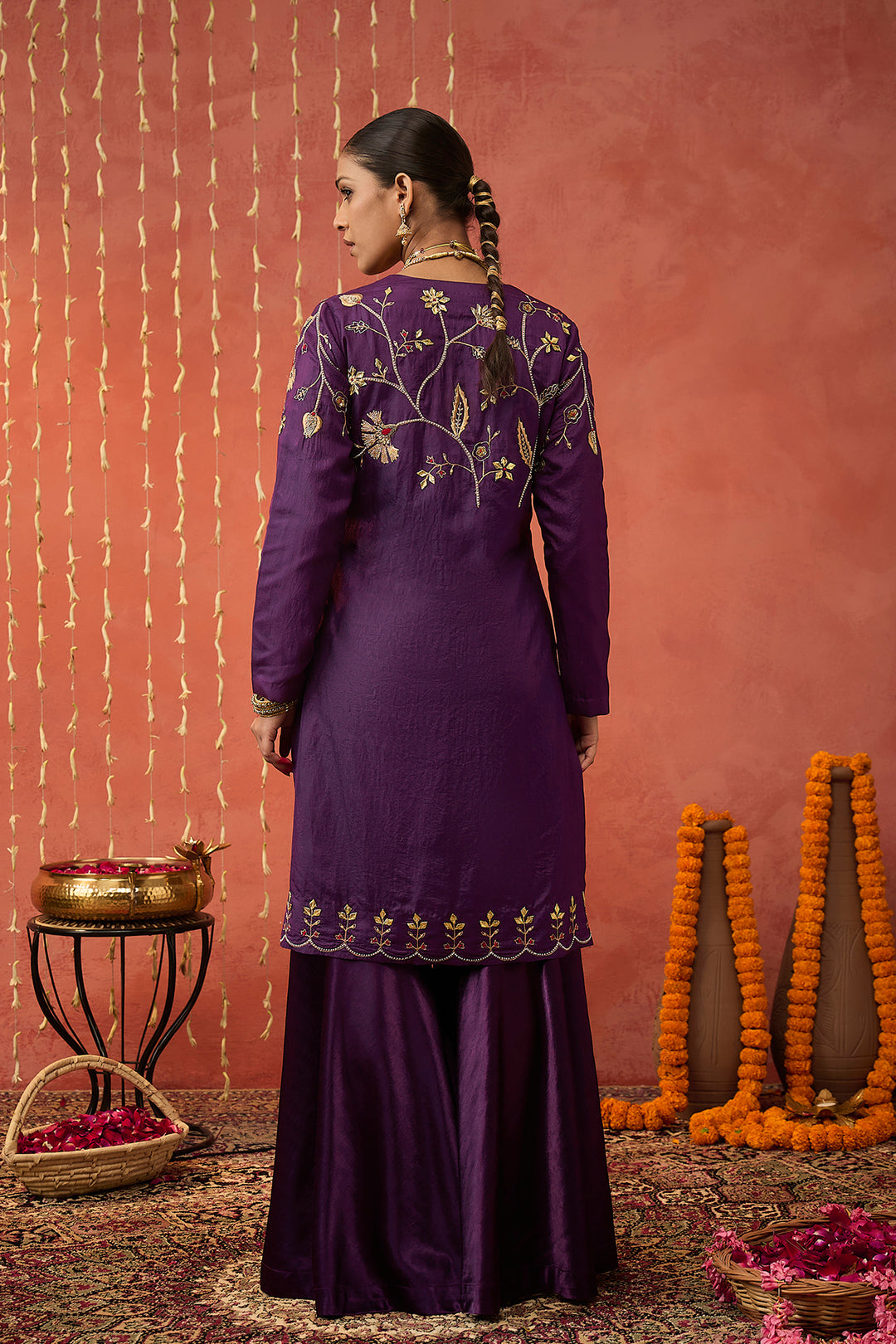 SANGEET-PURPLE  SILK EMBROIDERED SHORT KURTA SET