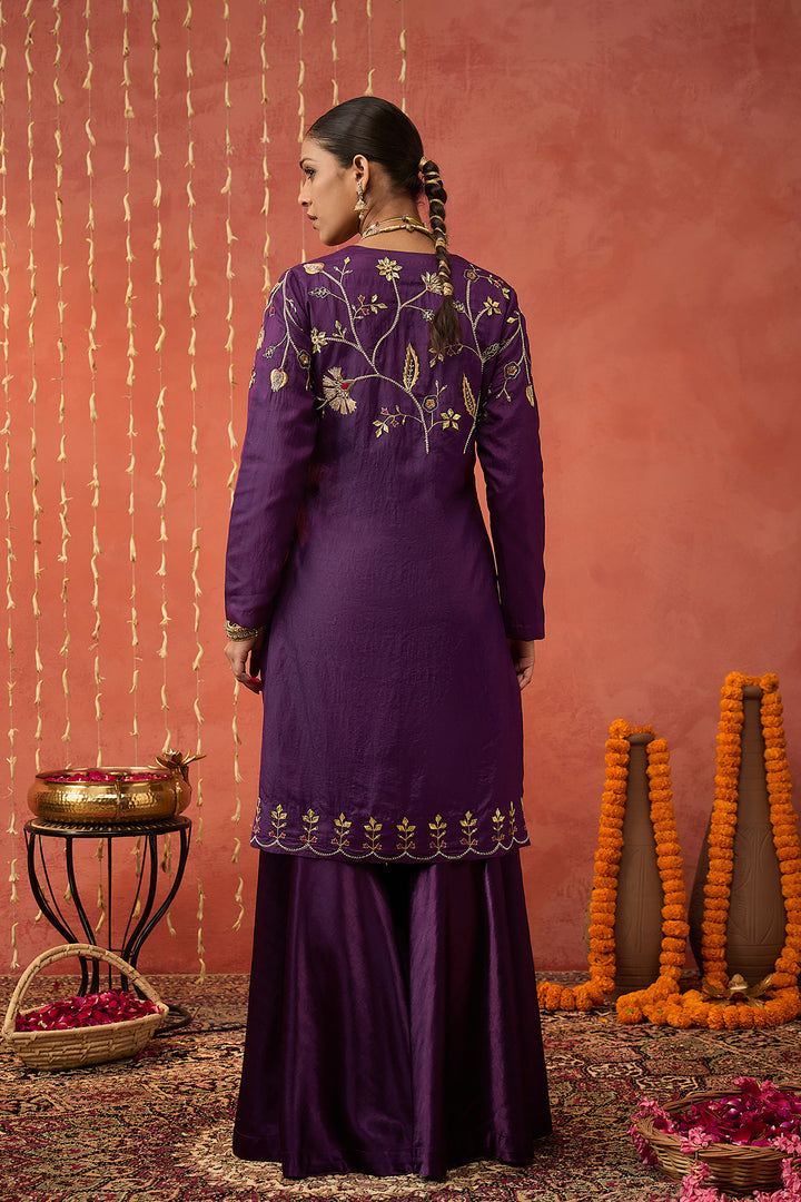 SANGEET-PURPLE  SILK EMBROIDERED SHORT KURTA SET