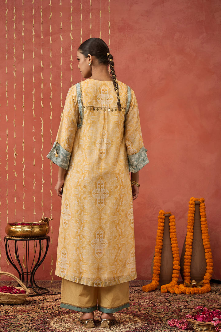 MANJARI-MUSTARD MUGHAL JAAL LONG KURTA SET