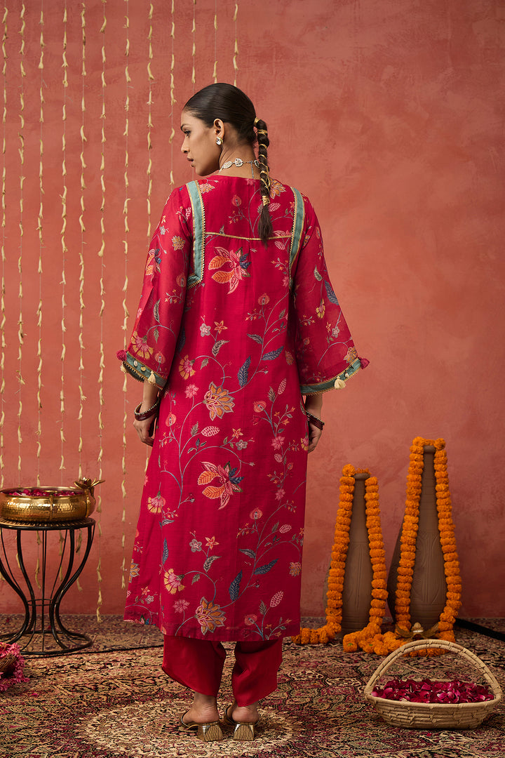 KARUNA-RED CHINTZ  CHANDERI LONG KURTA