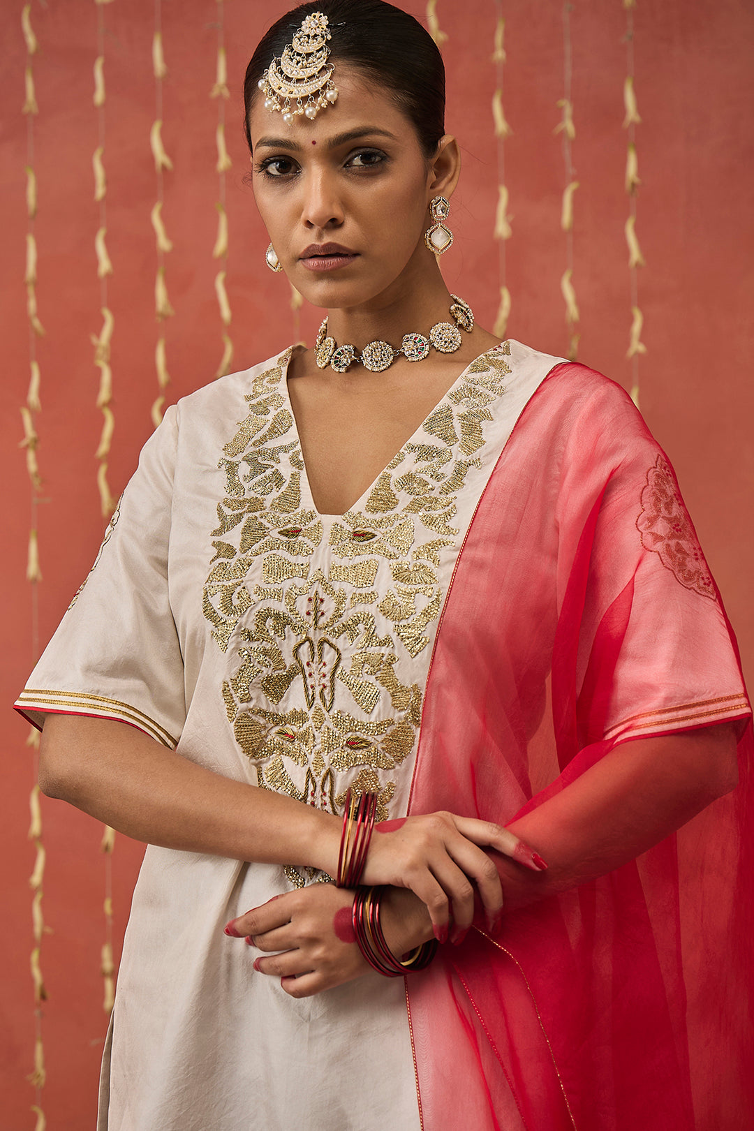 ROLI- IVORY GLASS NECK SILK SHORT EMBROIDERED KURTA