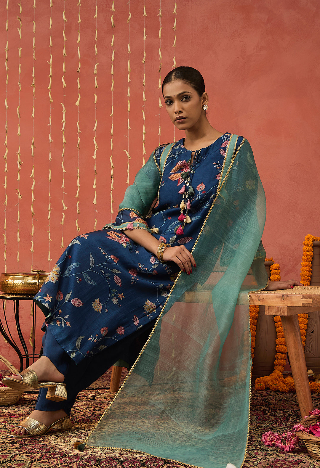 RAMANI-BLUE CHINTZ LONG KURTA