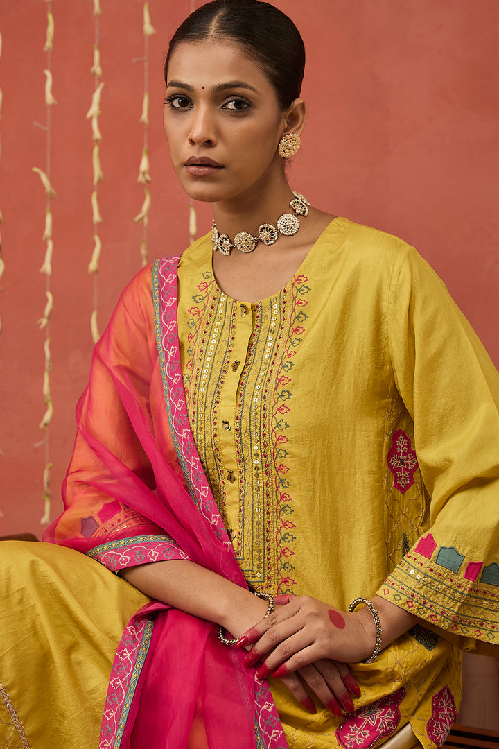 PRAGAYA-YELLOW EMBROIDERED SILK KALI KURTA SET