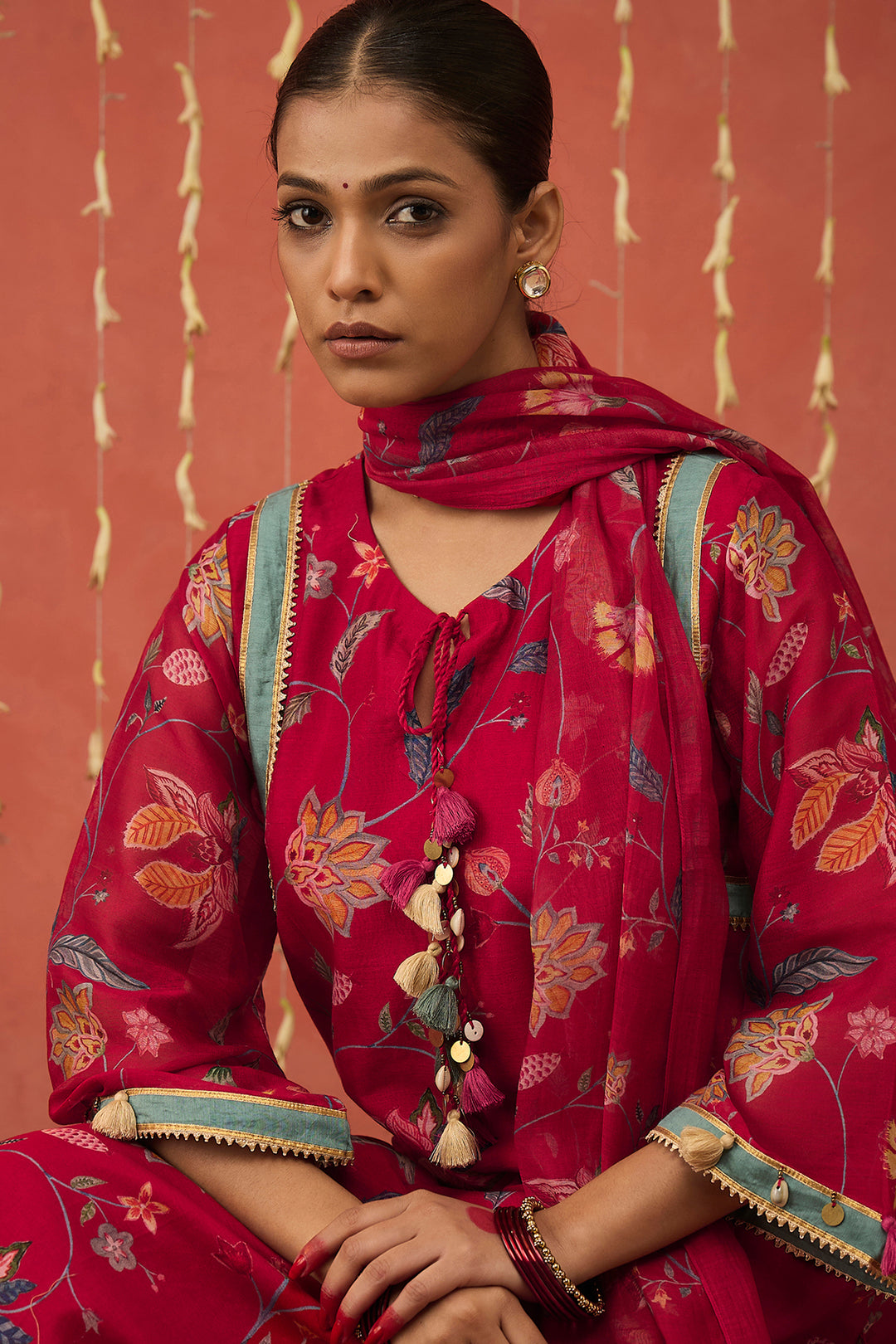 KARUNA-RED CHINTZ  CHANDERI LONG KURTA