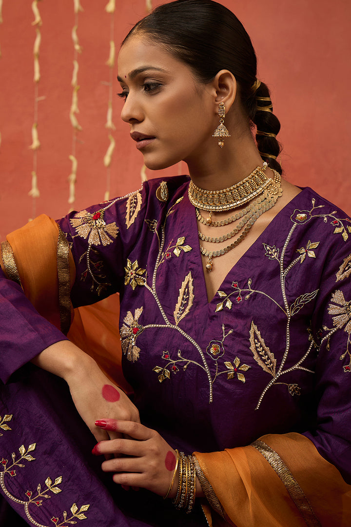 SANGEET-PURPLE  SILK EMBROIDERED SHORT KURTA SET