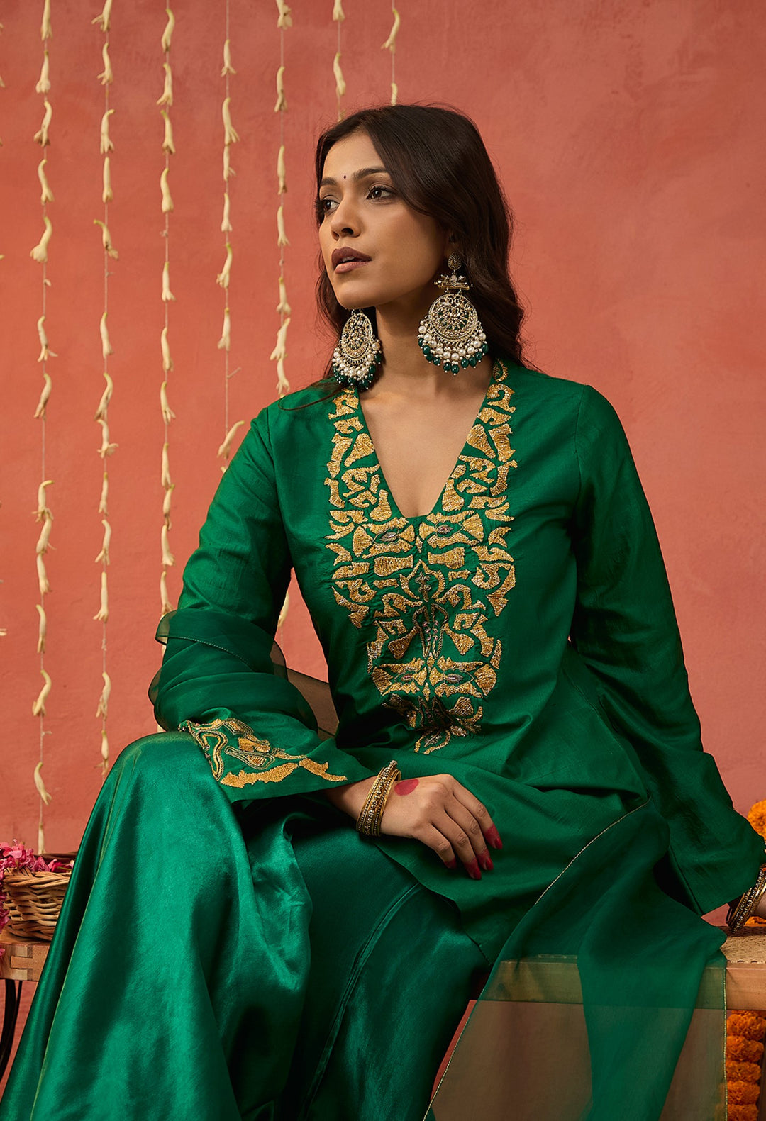 EMERALD GREEN EMBROIDERED ORGANZA SILK DUPATTA