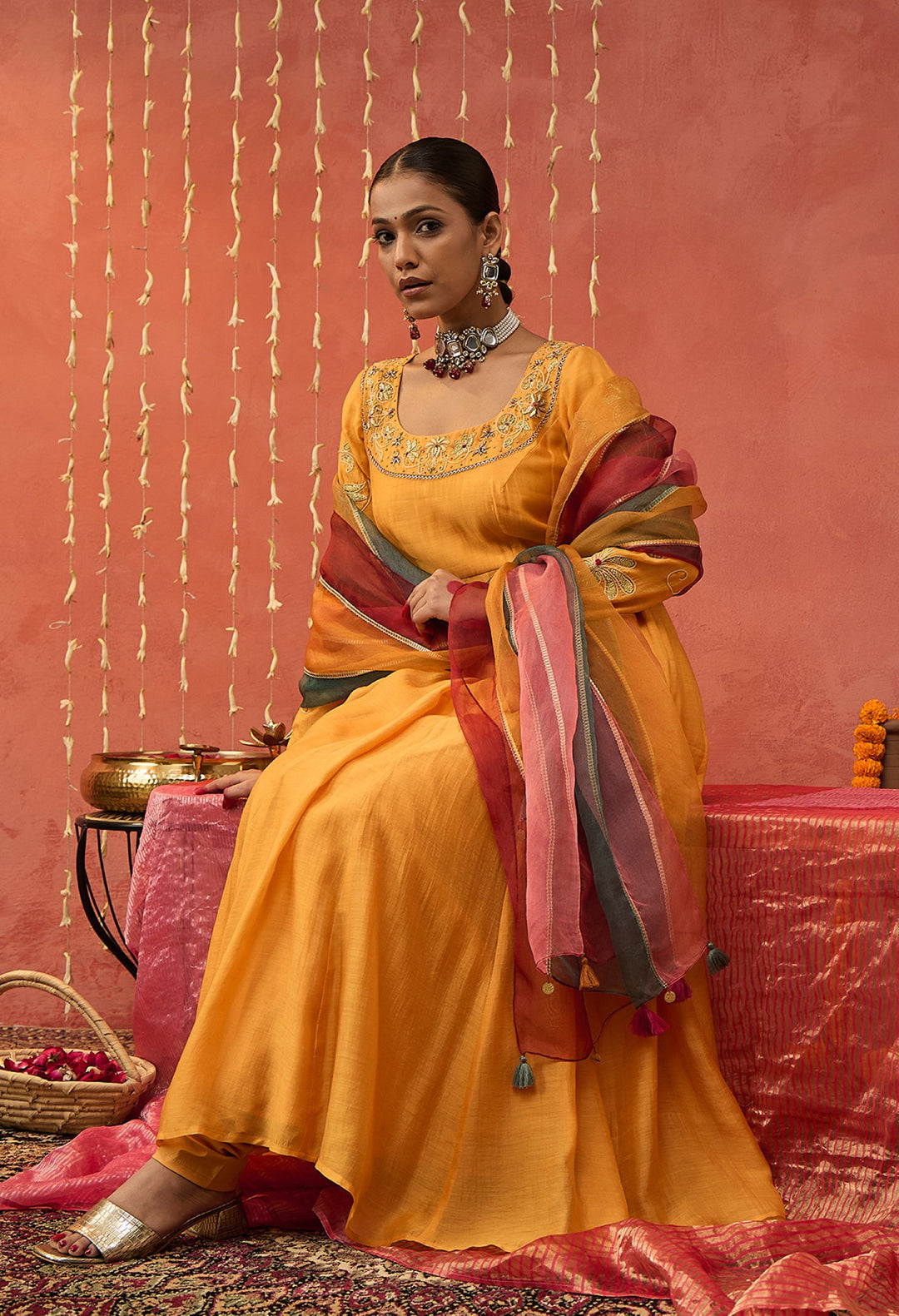 KUMKUM-MUSTARD YELLOW EMBROIDERED ANARKALI  SET