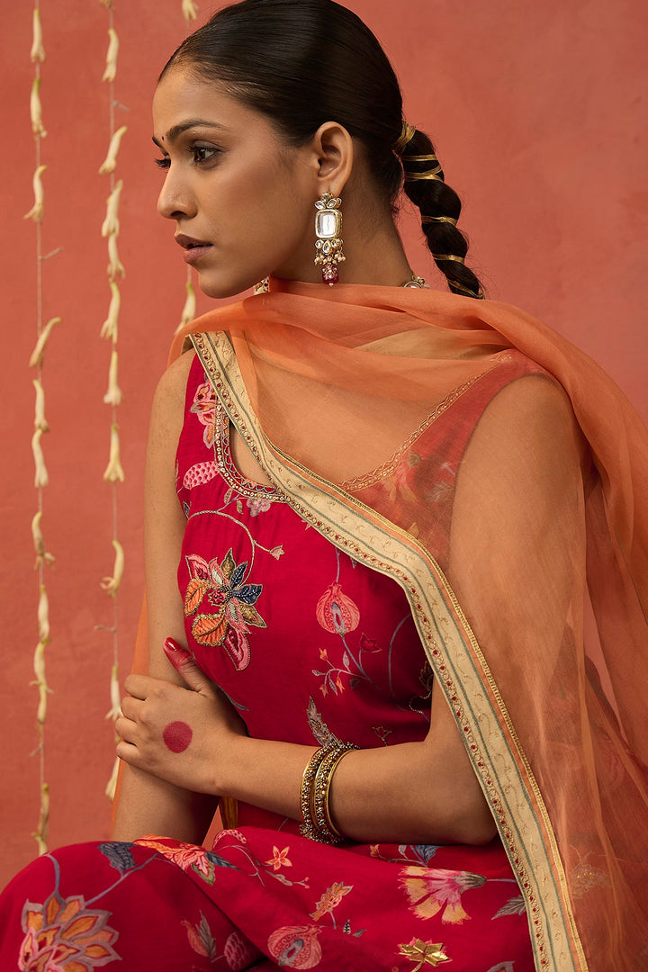 DIYA-PEACH EMBROIDERED BORDER ORGANZA SILK DUPATTA