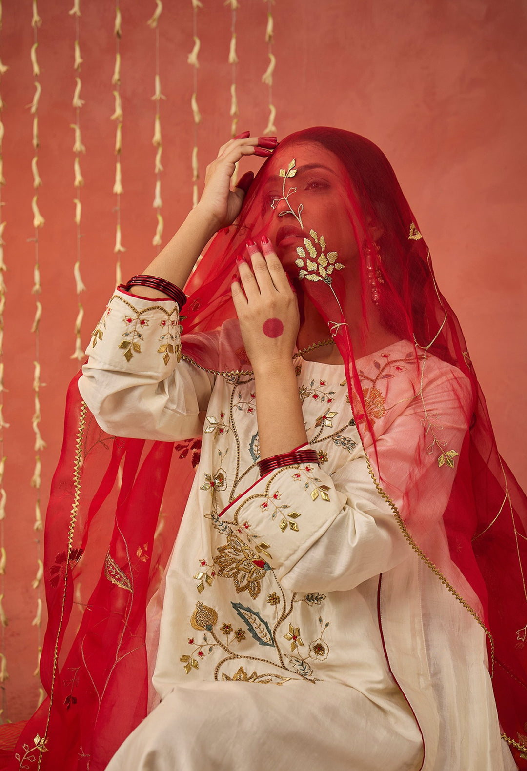 RED ORGANZA SILK EMBROIDERED DUPATTA