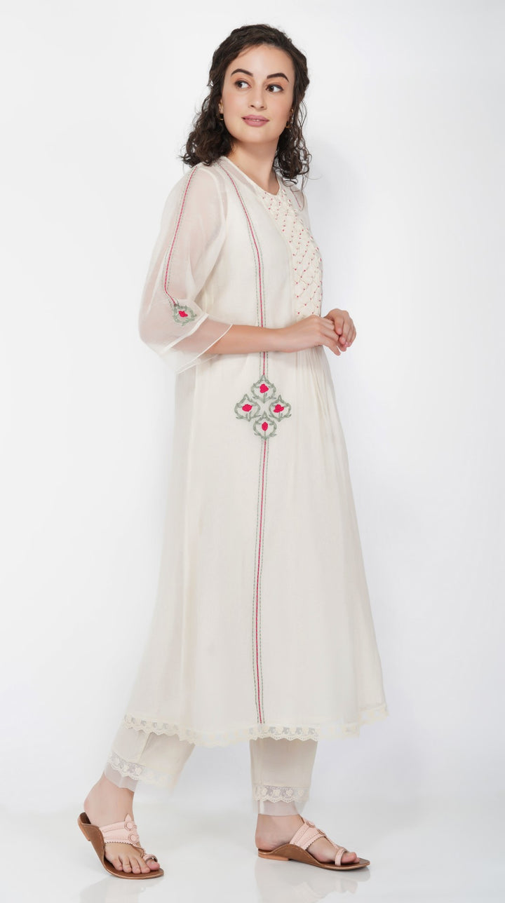 SAAWAN CREAM CHANDERI SMOCKING WITH FLORAL EMBROIDERY WITH COTTON AND ORGANZA SHEER PANTS WITH LACE DUPATTA