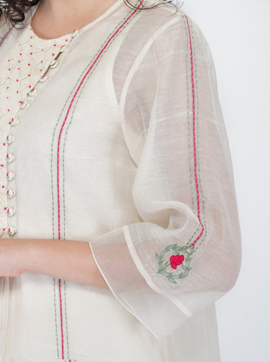 SAAWAN CREAM CHANDERI SMOCKING WITH FLORAL EMBROIDERY WITH COTTON AND ORGANZA SHEER PANTS WITH LACE DUPATTA