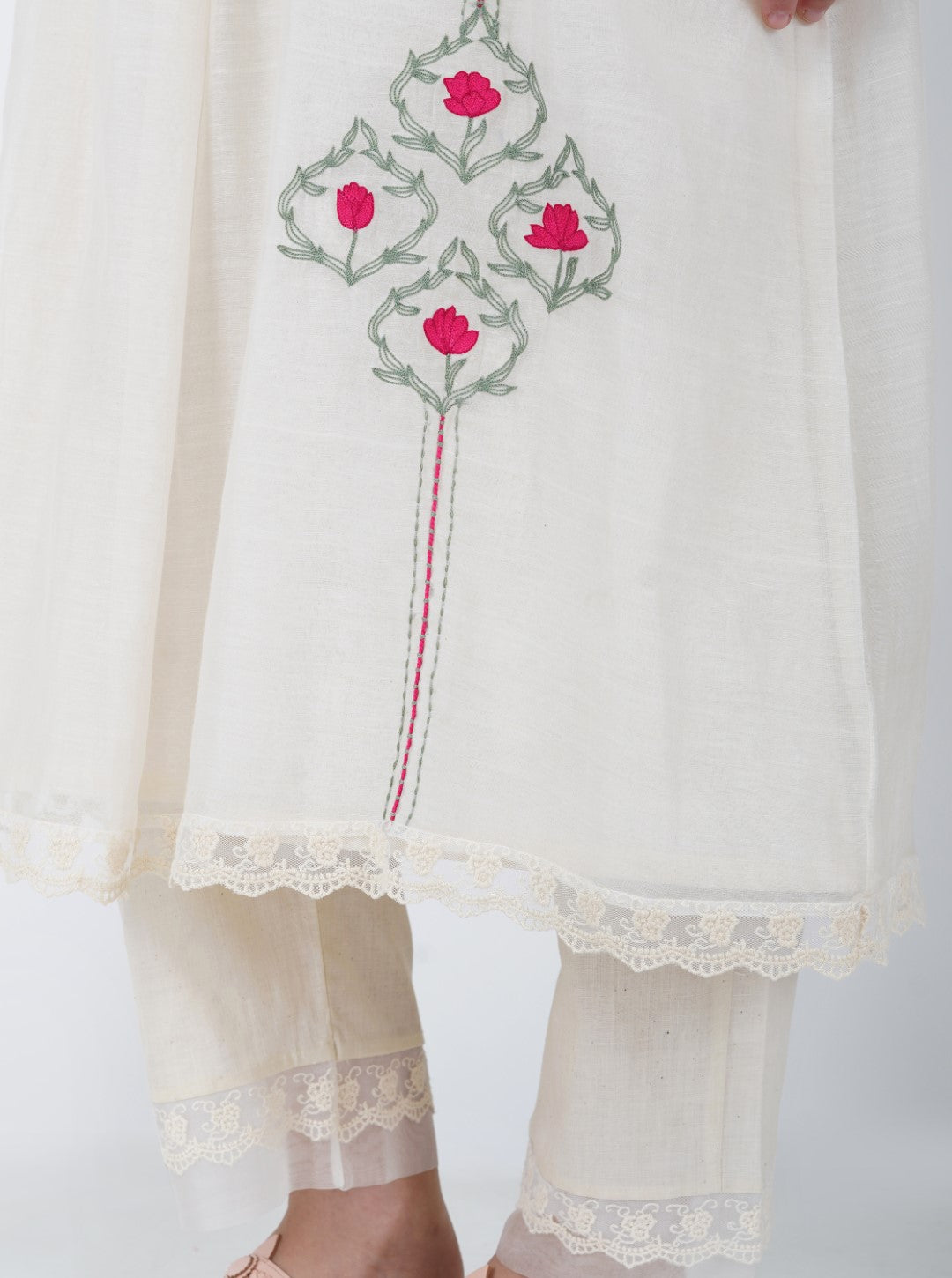 SAAWAN CREAM CHANDERI SMOCKING WITH FLORAL EMBROIDERY WITH COTTON AND ORGANZA SHEER PANTS WITH LACE DUPATTA