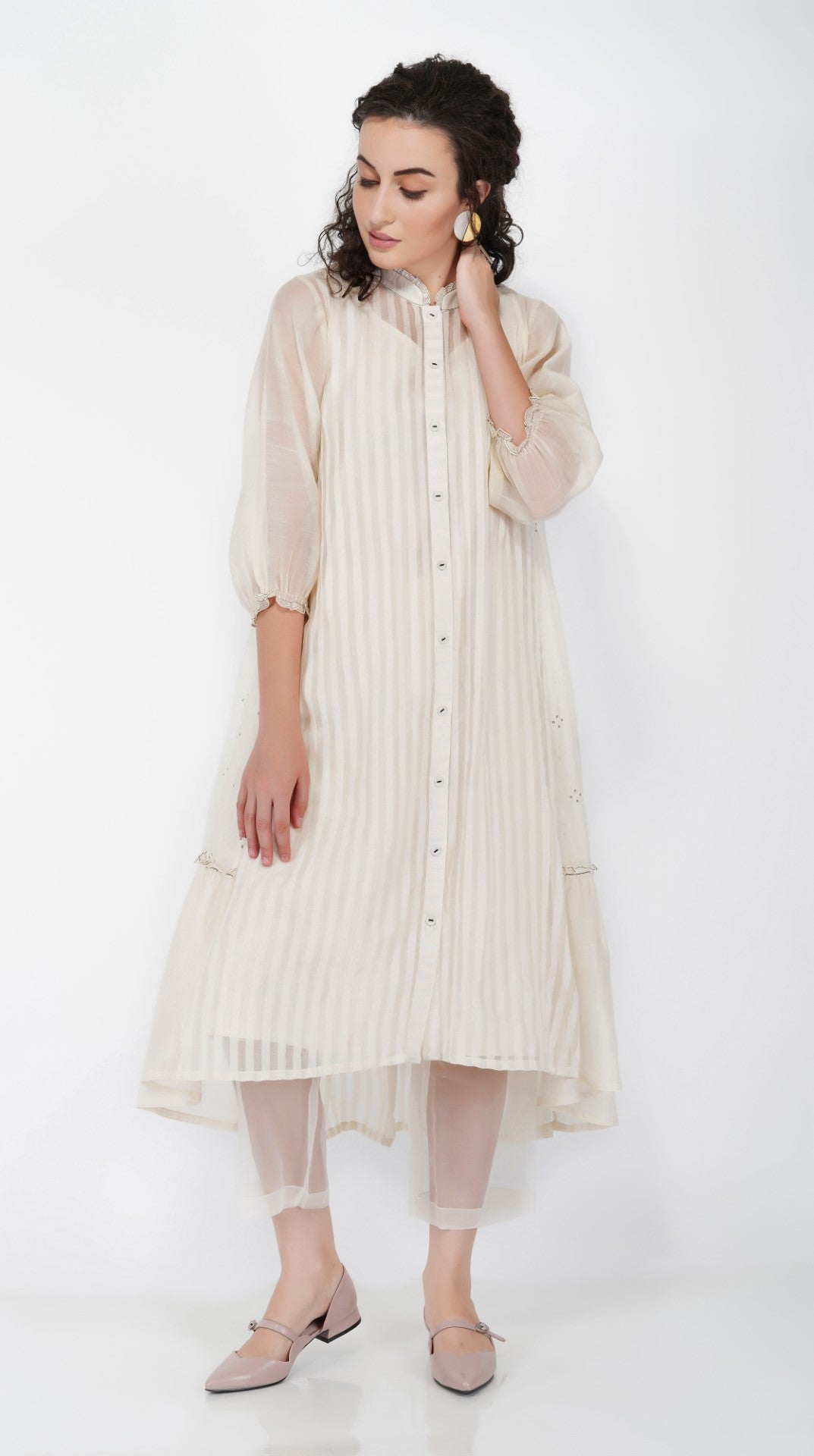 SAAWAN STRIPE HIGH LOW SIDE GATHER DRESS