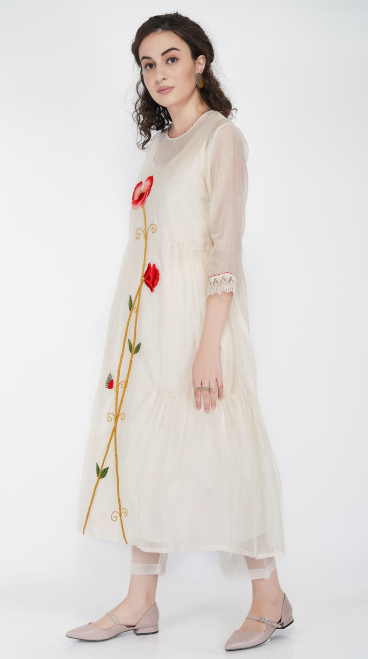 SAAWAN FLOWER TIER DRESS WITH CREAM KHADI AND ORGANZA SHEER PANTS