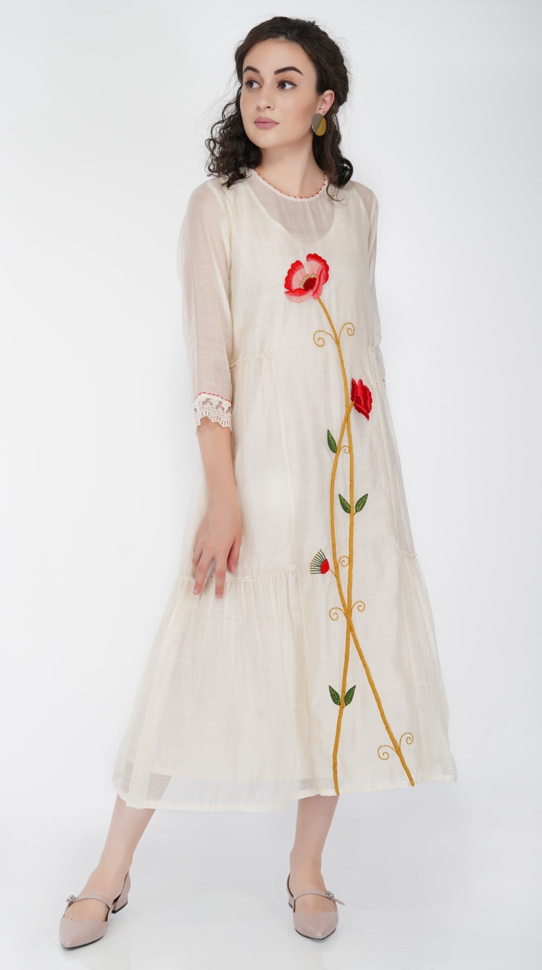 SAAWAN FLOWER TIER DRESS WITH CREAM KHADI AND ORGANZA SHEER PANTS