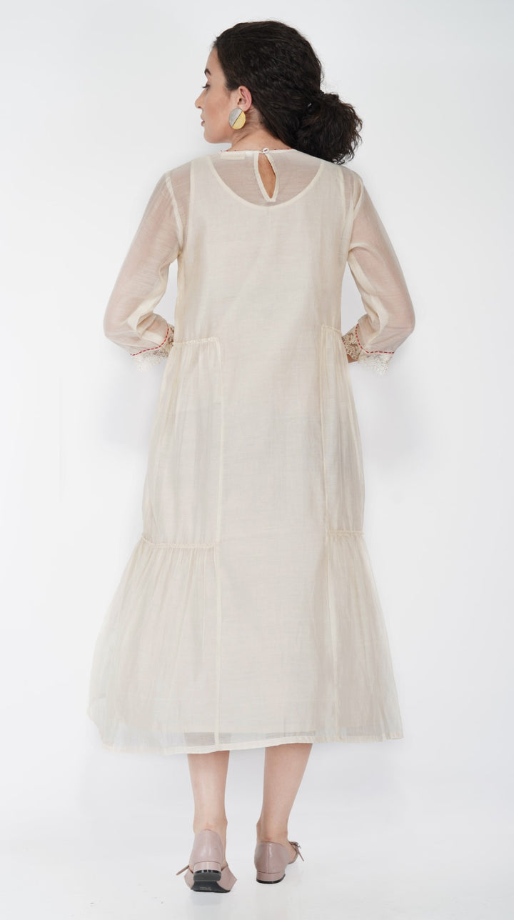 SAAWAN FLOWER TIER DRESS WITH CREAM KHADI AND ORGANZA SHEER PANTS