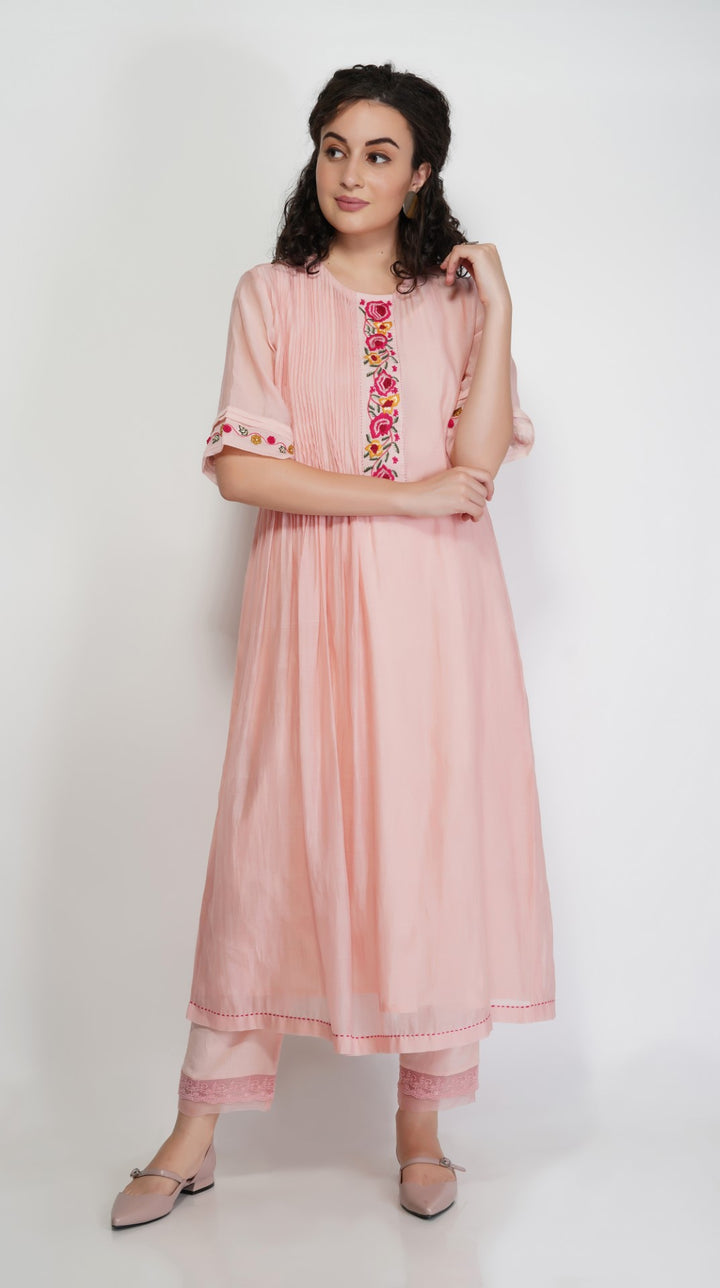 SAAWAN BABY PINK CHANDERI FLORAL FRONT PANEL PLEATED KURTA WITH COTTON LACE AND ORGANZA SHEER PANTS AND LACE DUPATTTA