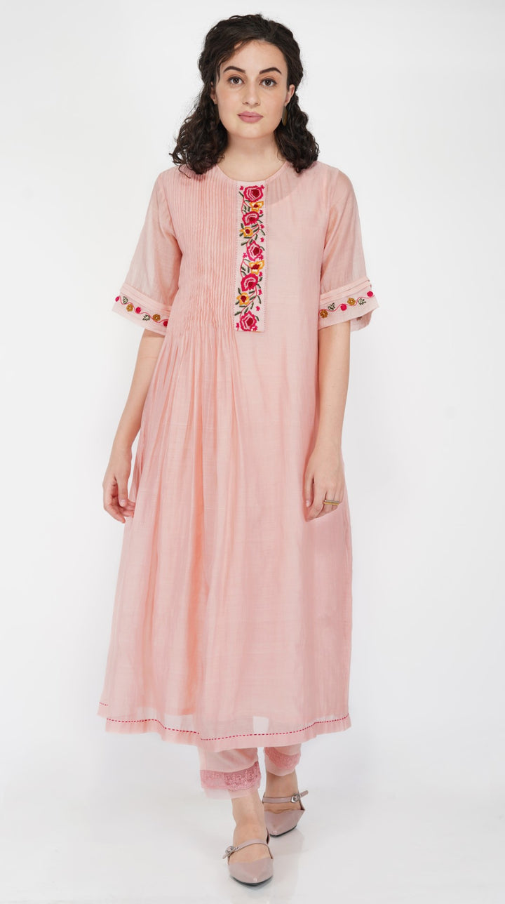 SAAWAN BABY PINK CHANDERI FLORAL FRONT PANEL PLEATED KURTA WITH COTTON LACE AND ORGANZA SHEER PANTS AND LACE DUPATTTA