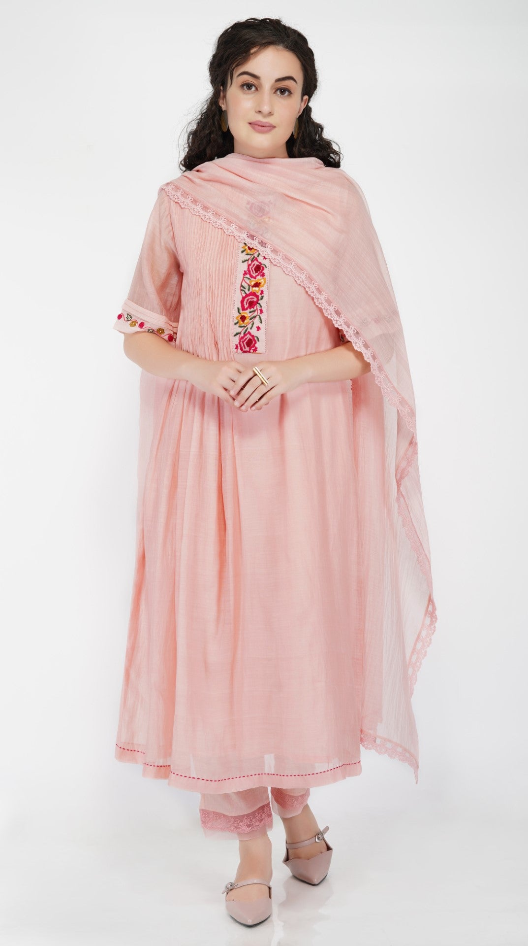 SAAWAN BABY PINK CHANDERI FLORAL FRONT PANEL PLEATED KURTA WITH COTTON LACE AND ORGANZA SHEER PANTS AND LACE DUPATTTA