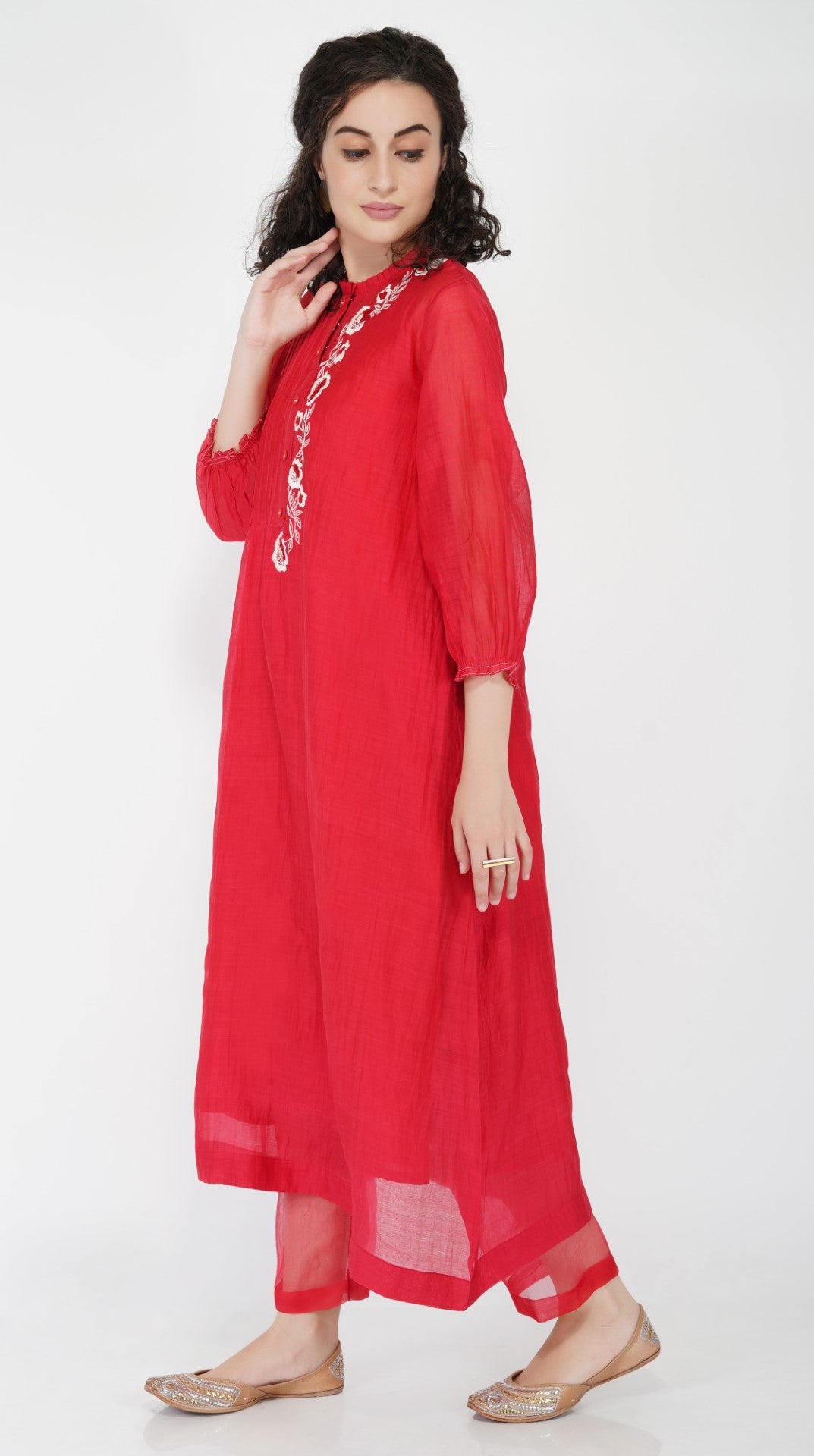 SAAWAN RED CHANDERI FLOWER EMBROIDERY WITH PINTUCKS TUNIC WITH RED COTTON ORGANZA SHEER PANTS