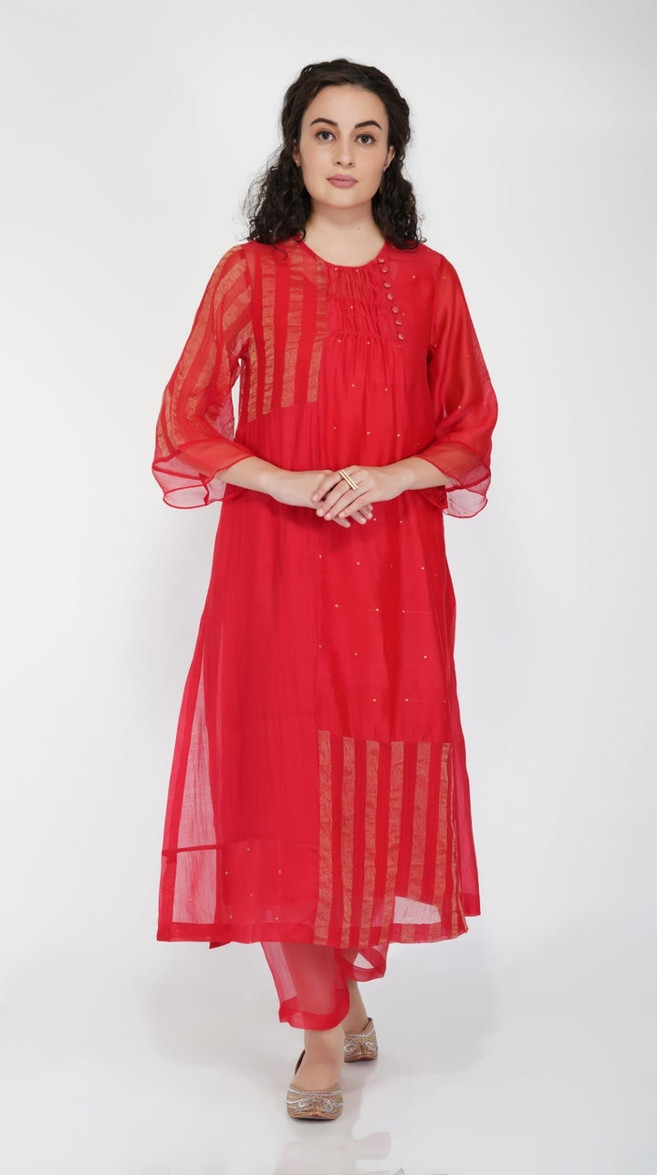 SAAWAN RED CHANDERI STRIPE ZARI PATCH KURTA WITH COTTON ORGANZA SHEER PANTS