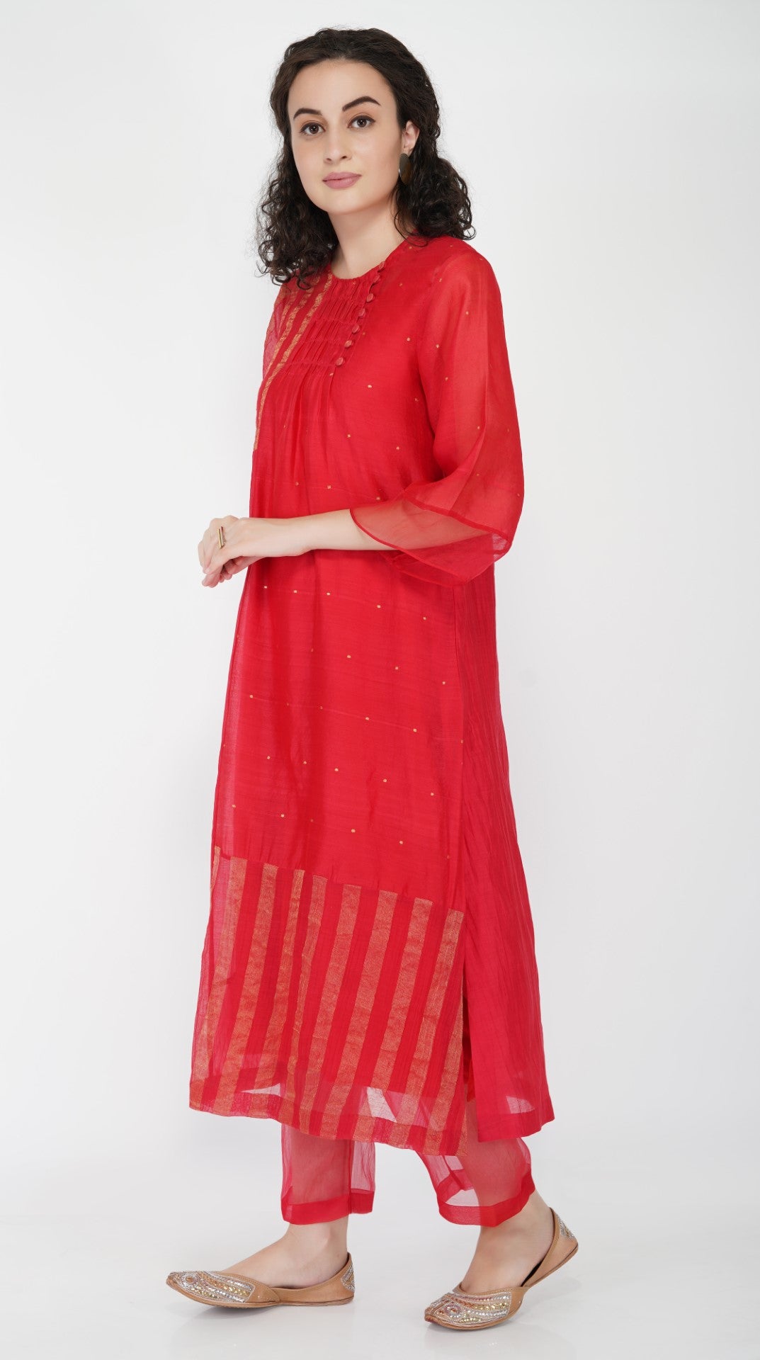 SAAWAN RED CHANDERI STRIPE ZARI PATCH KURTA WITH COTTON ORGANZA SHEER PANTS