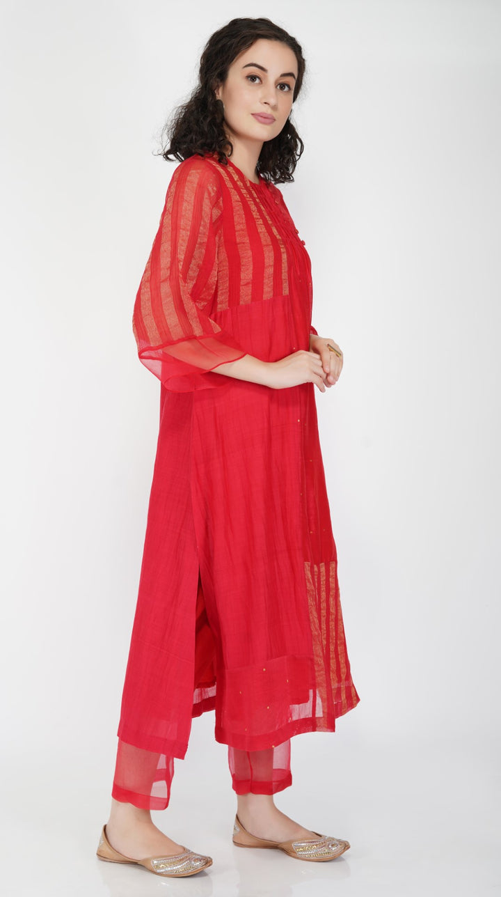 SAAWAN RED CHANDERI STRIPE ZARI PATCH KURTA WITH COTTON ORGANZA SHEER PANTS