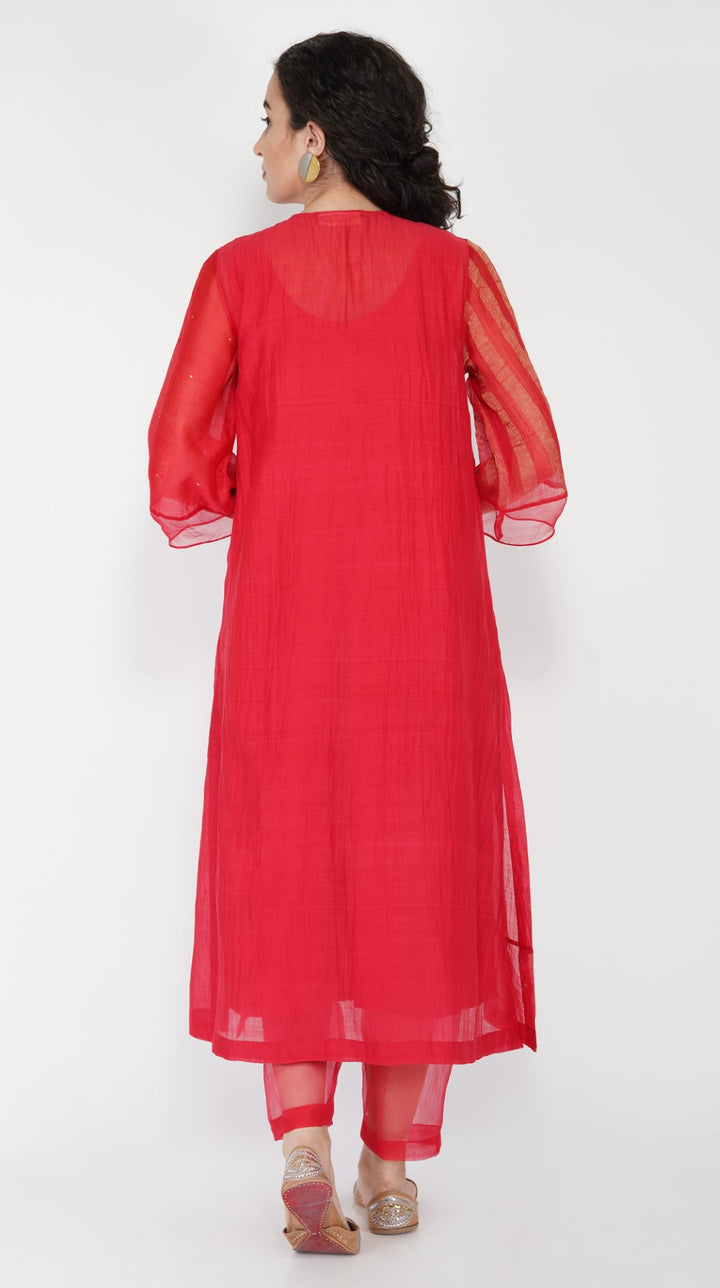 SAAWAN RED CHANDERI STRIPE ZARI PATCH KURTA WITH COTTON ORGANZA SHEER PANTS