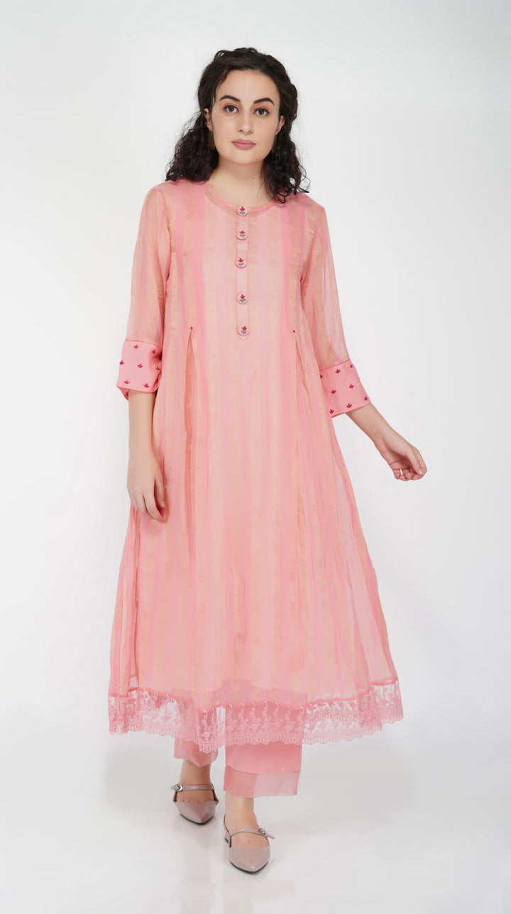 SAAWAN PINK CHANDERI STRIPE ZARI BOX PLEAT KURTA WITH COTTON ORGANZA SCALLOP PANTS AND LACE DUPATTA