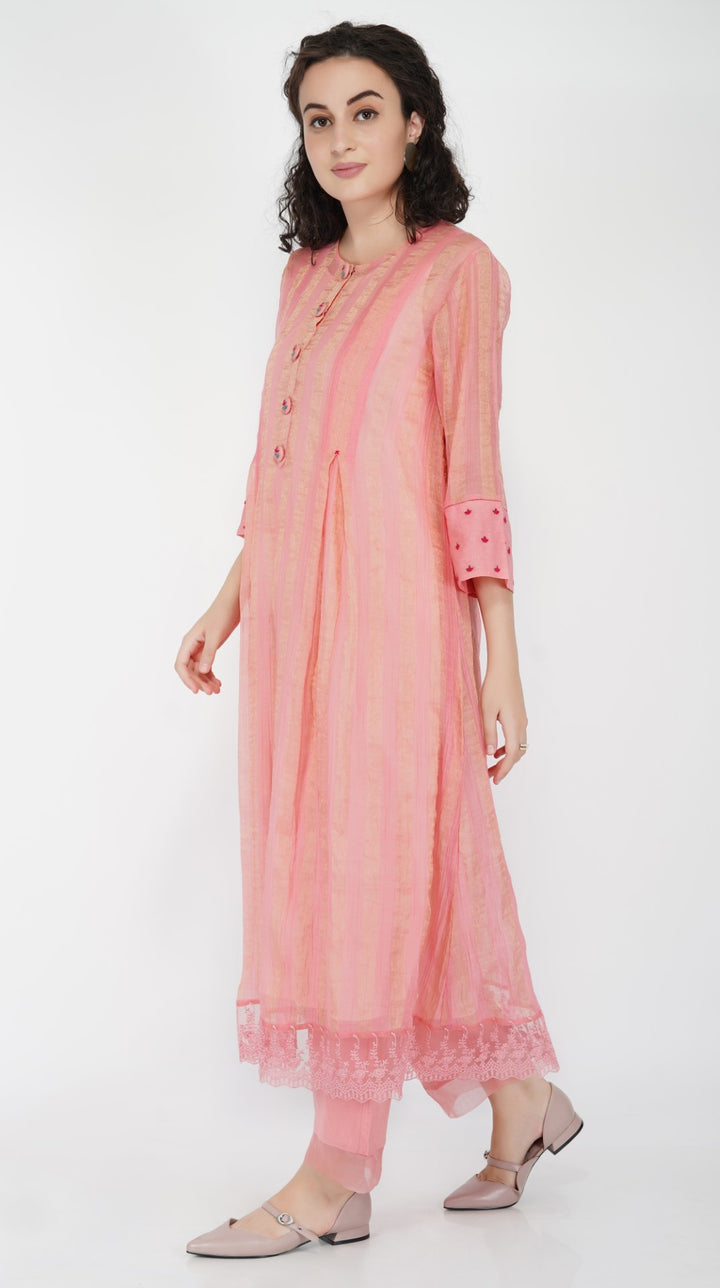 SAAWAN PINK CHANDERI STRIPE ZARI BOX PLEAT KURTA WITH COTTON ORGANZA SCALLOP PANTS AND LACE DUPATTA