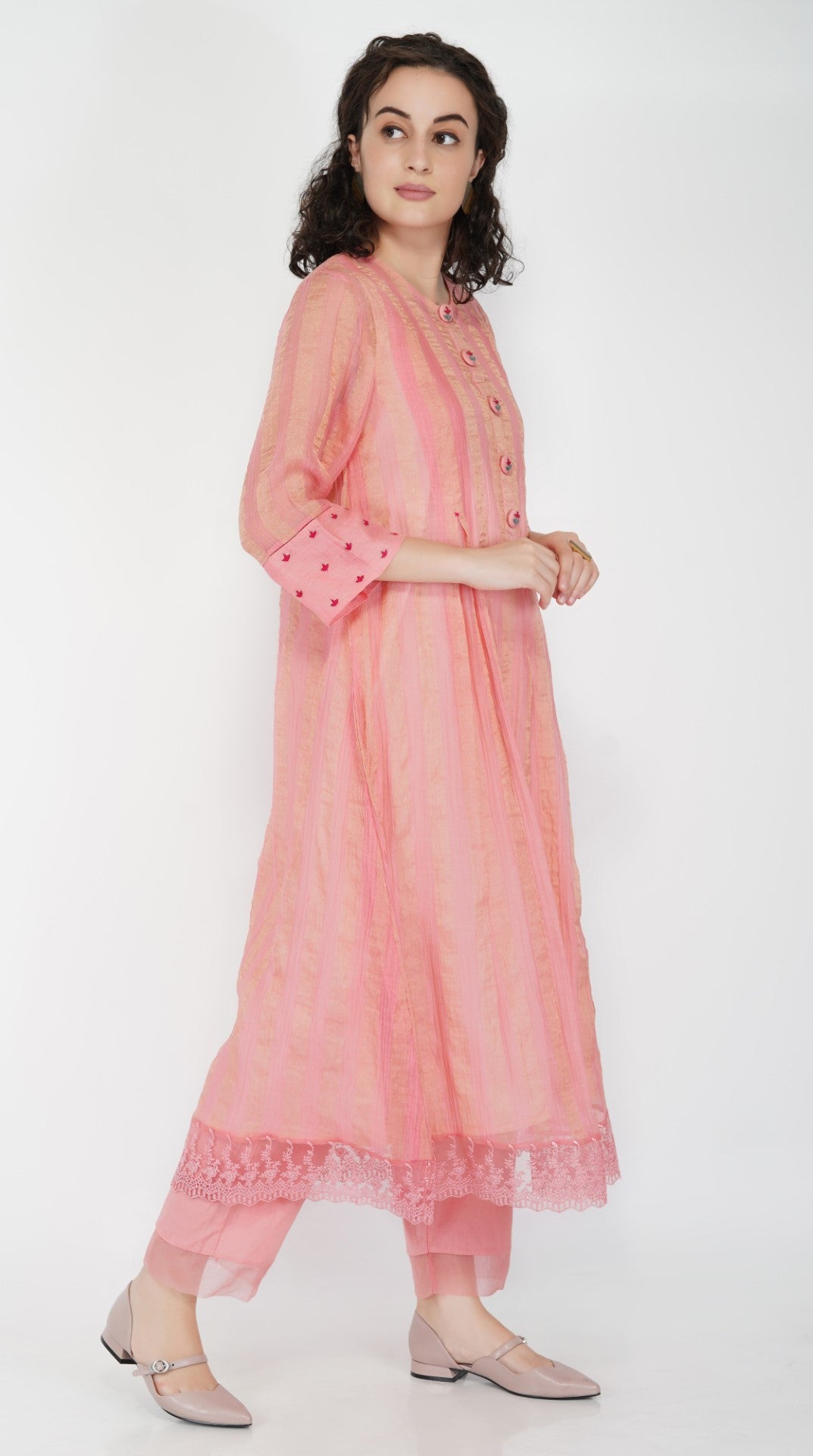 SAAWAN PINK CHANDERI STRIPE ZARI BOX PLEAT KURTA WITH COTTON ORGANZA SCALLOP PANTS AND LACE DUPATTA