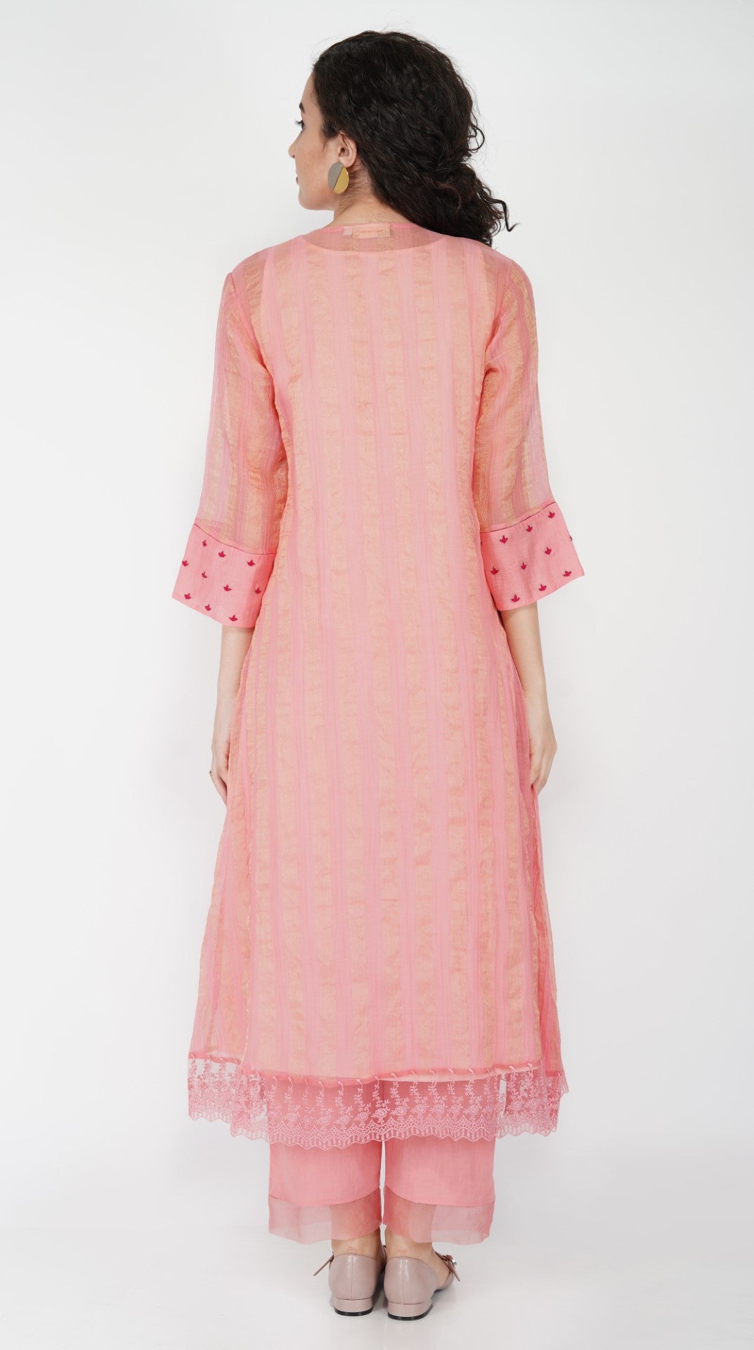 SAAWAN PINK CHANDERI STRIPE ZARI BOX PLEAT KURTA WITH COTTON ORGANZA SCALLOP PANTS AND LACE DUPATTA