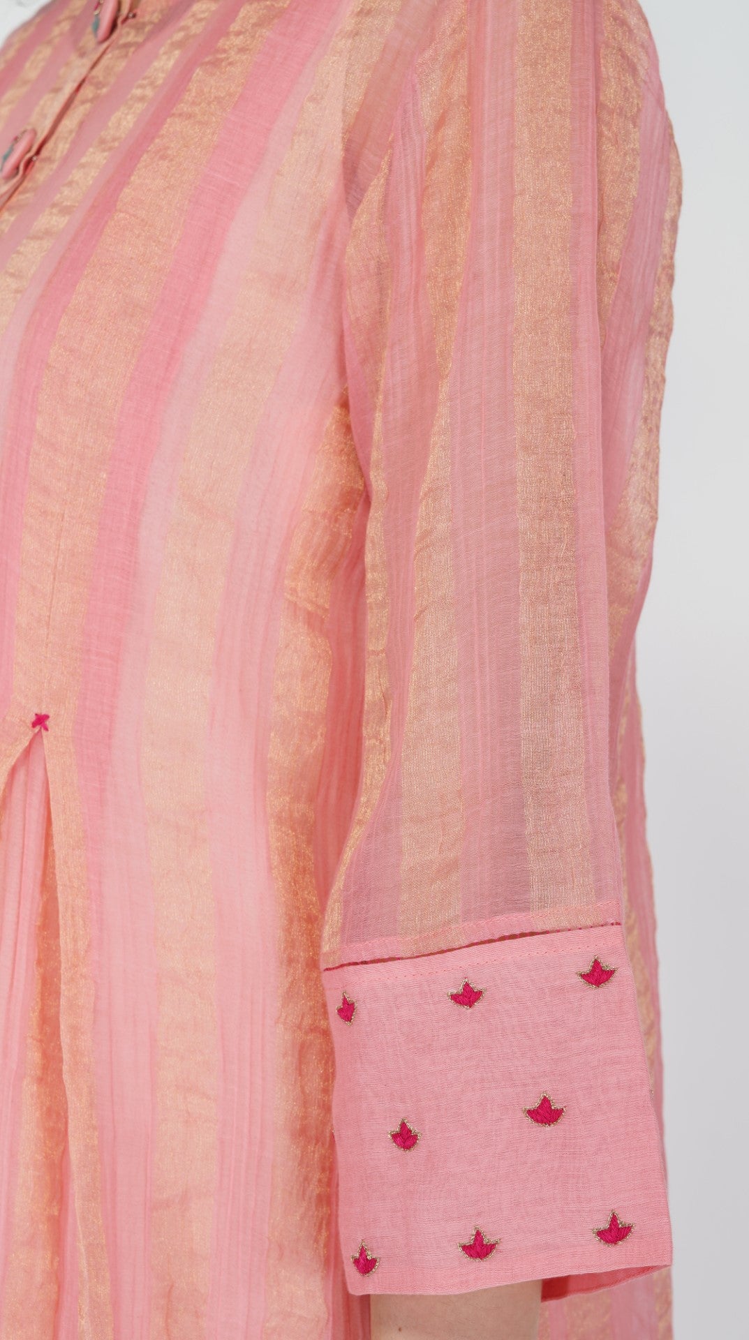 SAAWAN PINK CHANDERI STRIPE ZARI BOX PLEAT KURTA WITH COTTON ORGANZA SCALLOP PANTS AND LACE DUPATTA