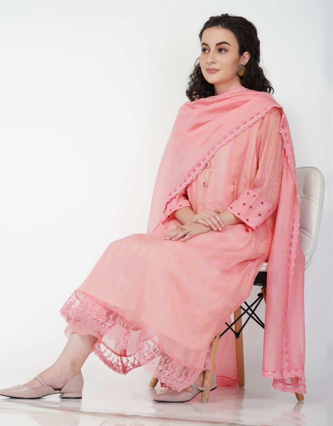 SAAWAN PINK CHANDERI STRIPE ZARI BOX PLEAT KURTA WITH COTTON ORGANZA SCALLOP PANTS AND LACE DUPATTA