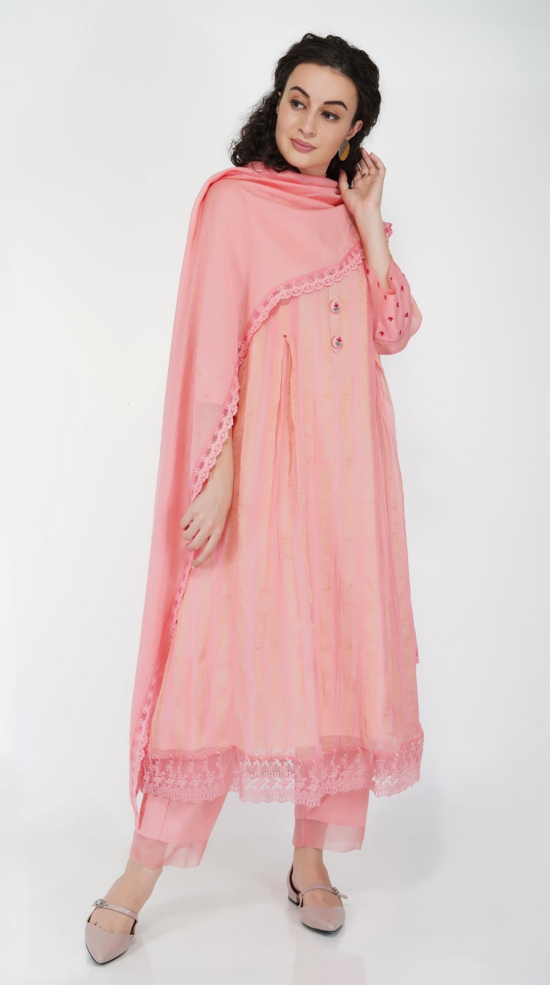 SAAWAN PINK CHANDERI STRIPE ZARI BOX PLEAT KURTA WITH COTTON ORGANZA SCALLOP PANTS AND LACE DUPATTA