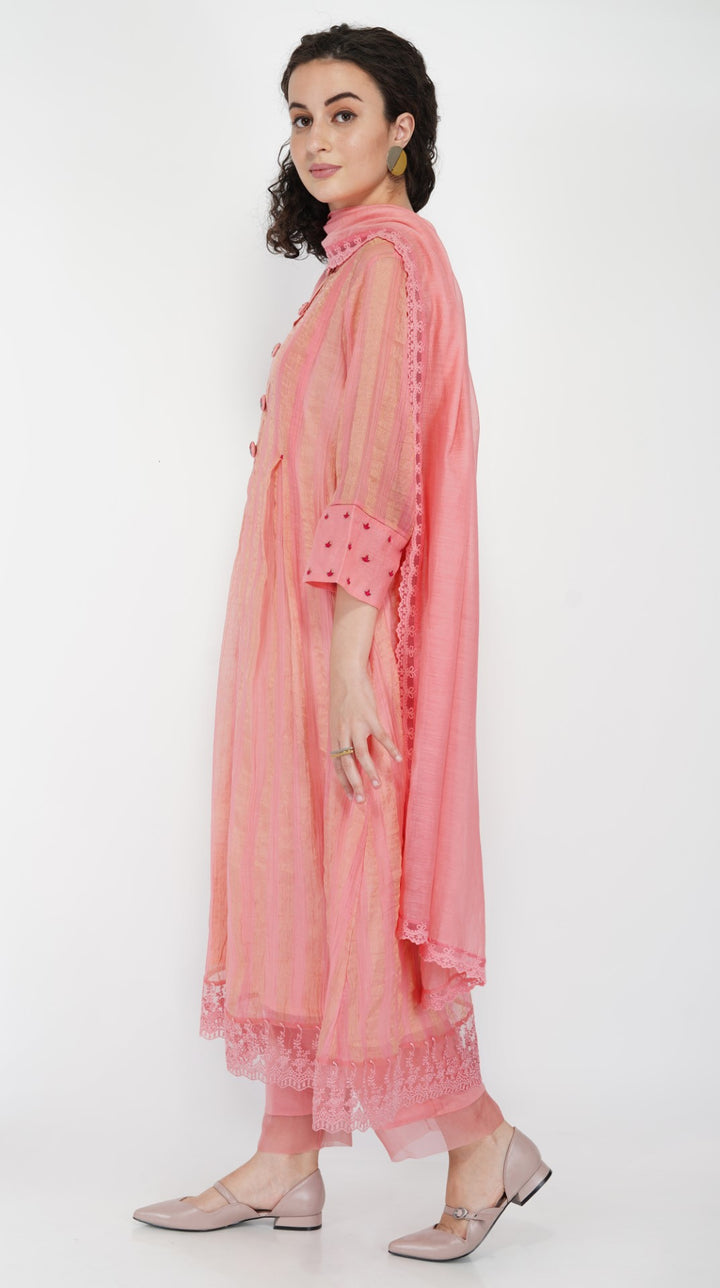 SAAWAN PINK CHANDERI STRIPE ZARI BOX PLEAT KURTA WITH COTTON ORGANZA SCALLOP PANTS AND LACE DUPATTA