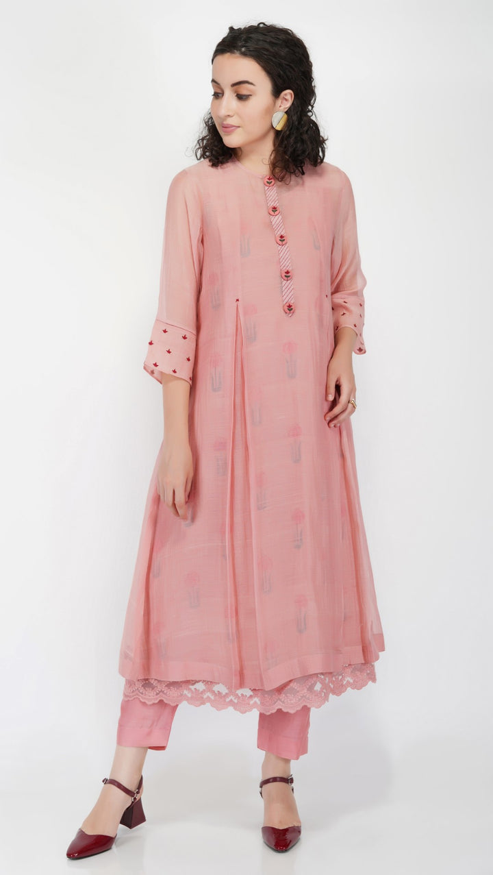 SAAWAN OLD ROSE CHANDERI BUTTON EMBROIDERY WITH BOX PLEATS WITH COTTON SILK STRAIGHT PANTS