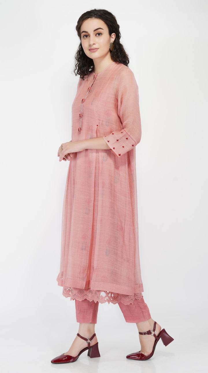 SAAWAN OLD ROSE CHANDERI BUTTON EMBROIDERY WITH BOX PLEATS WITH COTTON SILK STRAIGHT PANTS