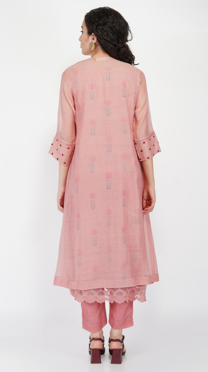 SAAWAN OLD ROSE CHANDERI BUTTON EMBROIDERY WITH BOX PLEATS WITH COTTON SILK STRAIGHT PANTS