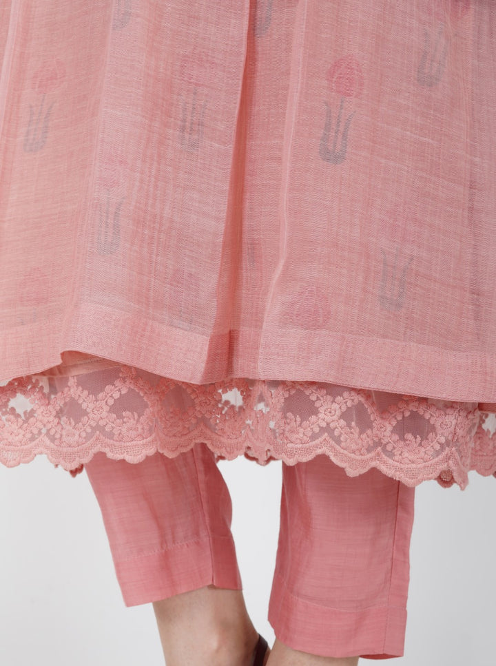 SAAWAN OLD ROSE CHANDERI BUTTON EMBROIDERY WITH BOX PLEATS WITH COTTON SILK STRAIGHT PANTS