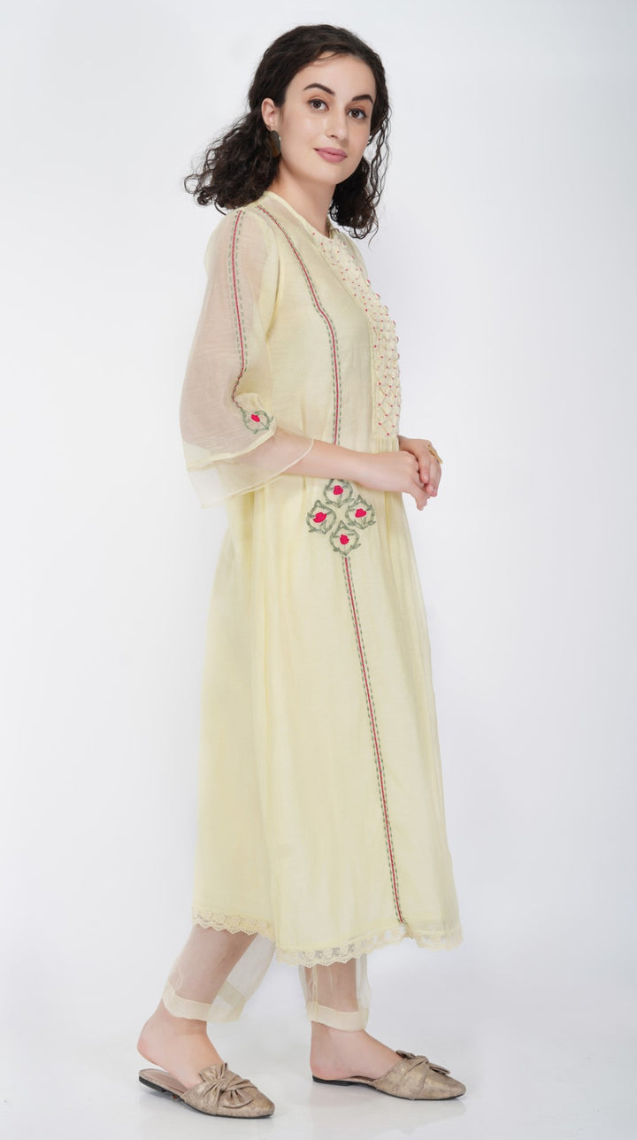 SAAWAN LEMON YELLOW CHANDERI SMOCKING WITH FLORAL EMBROIDERY KURTA WITH COTTON ORGANZA SHEER PANTS