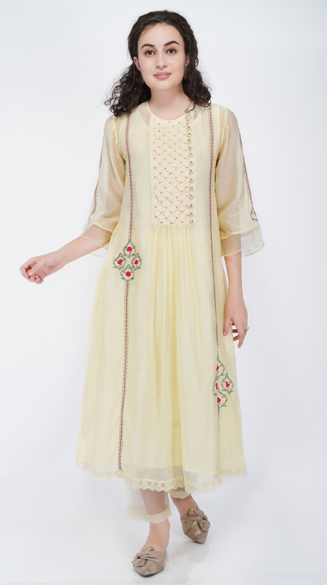 SAAWAN LEMON YELLOW CHANDERI SMOCKING WITH FLORAL EMBROIDERY KURTA WITH COTTON ORGANZA SHEER PANTS